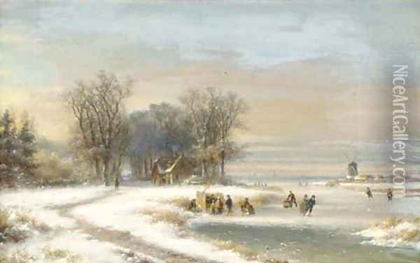 Skaters on the ice by a koek en zopie, a windmill in the distance Oil Painting - Lodewijk Johannes Kleijn