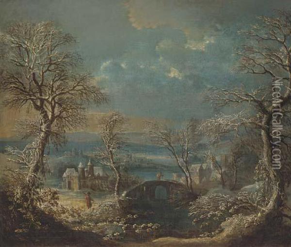 A Wooded River Landscape In Winter With Travellers Oil Painting - Johann Christian Vollerdt or Vollaert