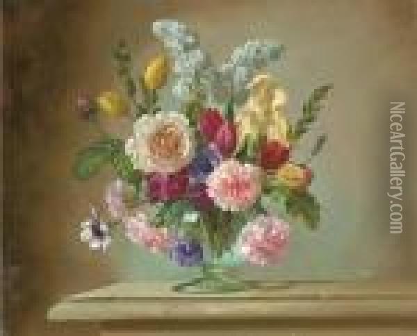 Daisies, Tulips, Carnations, Roses And Other Summer Blooms In A Vase Oil Painting - Winifred Walker
