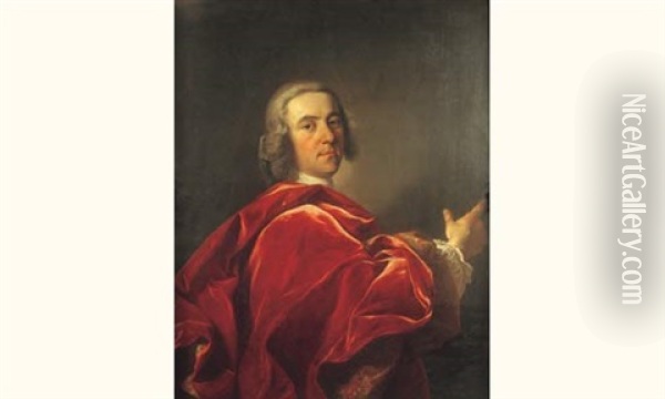 Portrait D'un Homme De Qualite Dans Un Grand Manteau Rouge, La Main Droite En Avant Oil Painting - Jean-Baptiste van Loo