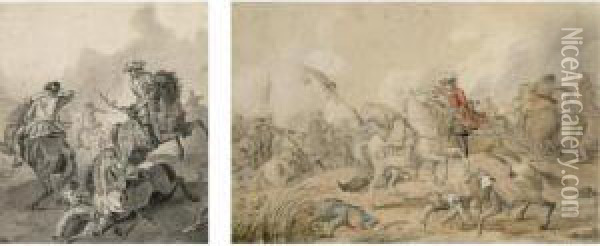 A Cavalry Battle Scene, With A Fallen Horse And Soldier In The Foreground Oil Painting - Jan von Huchtenburgh