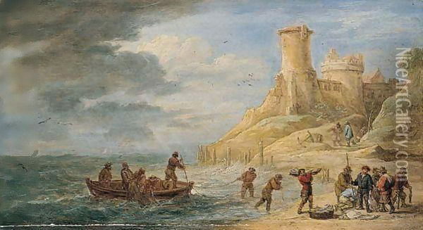 A Coastal Scene With Fishermen Bringing Their Catch Ashore Near A Castle Oil Painting - David The Younger Teniers