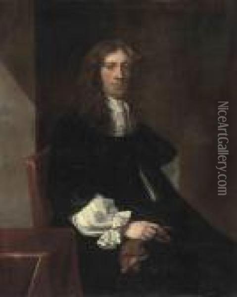 Portrait Of A Gentleman, 
Three-quarter-length, Seated, In A Blackrobes And White Collar, A Glove 
In His Right Hand Oil Painting - Sir Peter Lely