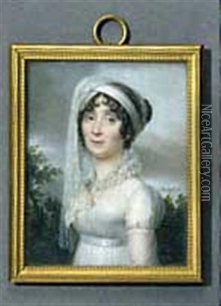 Portrait De Femme A La Robe Et Au Turban De Tulle Blanc Oil Painting - Jacques Delaplace
