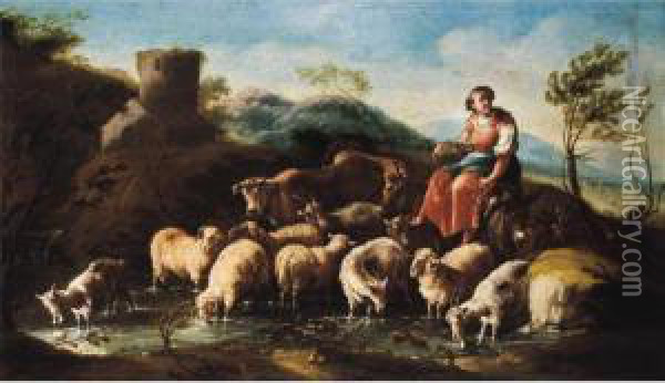 A Shepherdess With Sheep, Goats And Cattle Crossing A Stream Oil Painting - Domenico Brandi