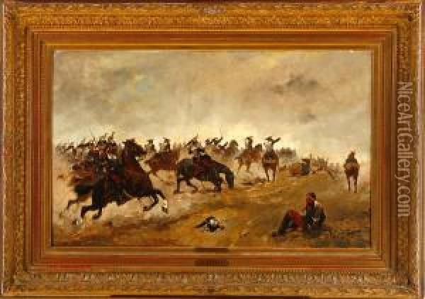 A Battle Scenery. Signed Oil Painting - Georges-Louis Hyon