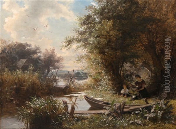 Idyllic Landscape With Fisherwoman And Child Oil Painting - Carl August Heinrich Ferdinand Oesterley