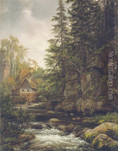 Die Lochmuhle In Der Sachsischen Schweiz Oil Painting - Johan Christian Dahl