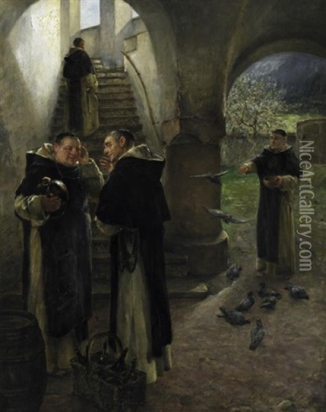 Zwei Monche Im Gesprach Vor Der Treppe Zum Dormitorium Oil Painting - Arthur Hutschenreuter