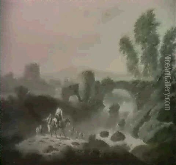 Paysage Anime Avec Pont Fortifie Enjambant Une Riviere Oil Painting - Jean Baptiste Pillement