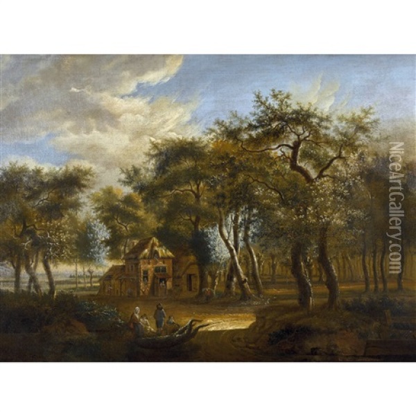 Waldlandschaft Mit Bauernhaus Und Staffage Oil Painting - Meindert Hobbema