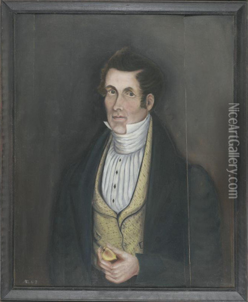 Portrait Of A Dark-haired Gentleman With High White Stock, Diamond-shaped Buttons, Yellow Vest Holding A Peach Oil Painting - Asahel Lynde Powers