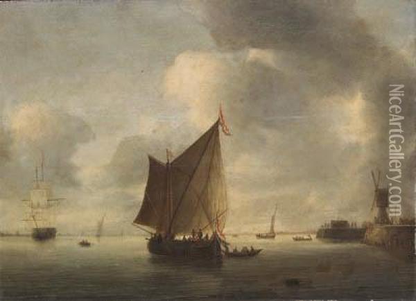 Dutch Shipping Becalmed In An Estuary Oil Painting - Hendrik van Anthonissen