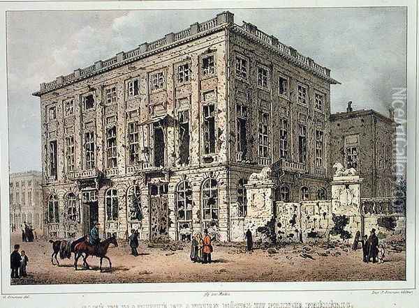 The Cafe Amitie and the Old Hotel du Prince Frederic, Brussels, after the Fighting of 23rd-26th September 1830, engraved by Jean Baptiste Madou 1796-1877 Oil Painting - Gustave Adolphe Simoneau