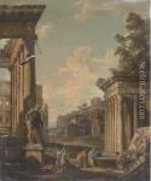 A Capriccio Of Classical Architecture With Figures By Afountain Oil Painting - Giovanni Niccolo Servandoni