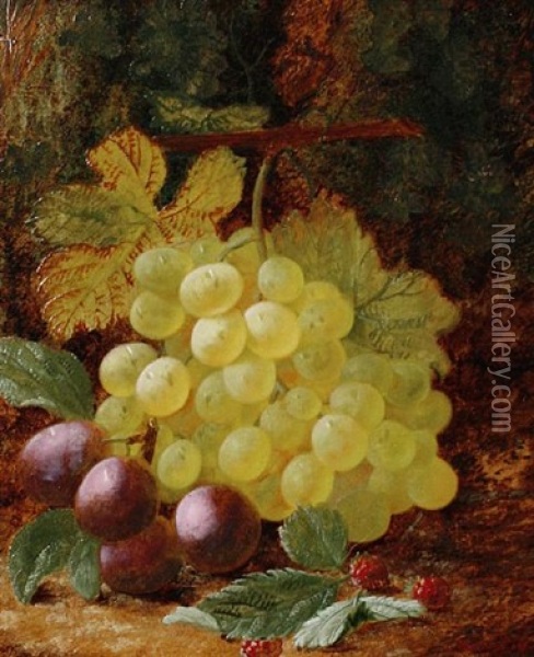 Still Life Of Grapes And Plums On A Mossy Bank Oil Painting - Oliver Clare