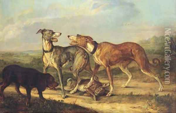 Hounds fighting over a hare in an extensive landscape Oil Painting - Jan Dasveldt