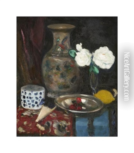 Still Life With A Chinese Vase And White Roses Oil Painting - George Leslie Hunter