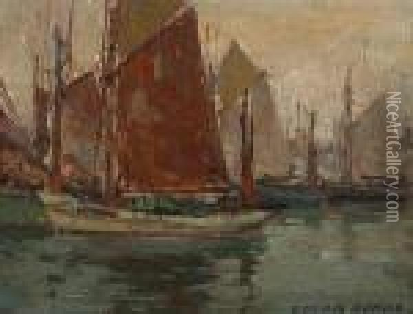 Fishing Boats In A Harbor Oil Painting - Edgar Alwin Payne