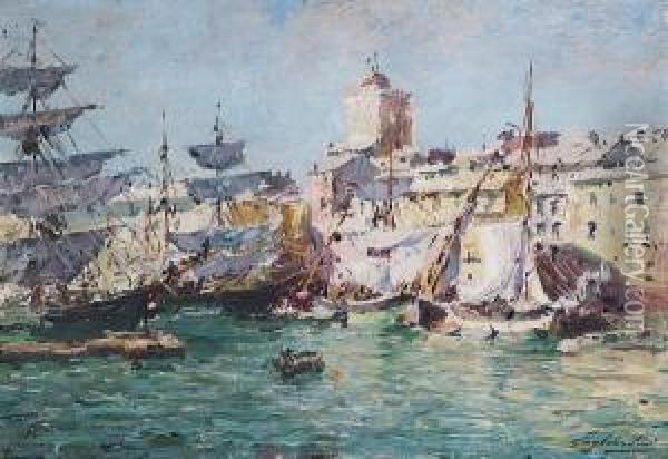 Boats In The Harbour At Savona, Italy Oil Painting - Gustave Gagliardini
