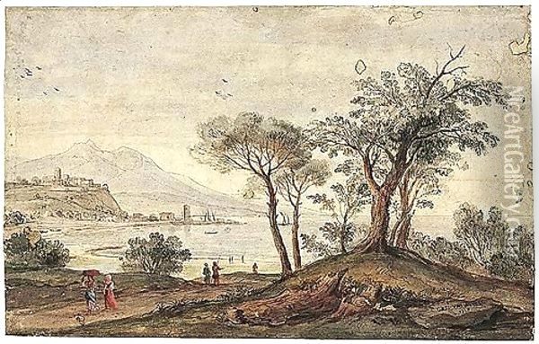 Landscape With Trees And Figures Near A Coastline, The Buildings Of A Small City And A Port In The Background Oil Painting - Caspar Andriaans Van Wittel
