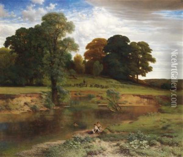 Landscape With Boys Swimming Oil Painting - August Richard Zimmermann