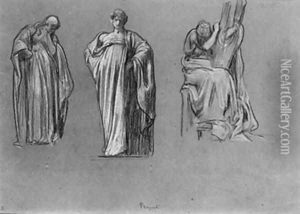 Studies of heavily draped female figures, one playing a lyre Oil Painting - Lord Frederick Leighton