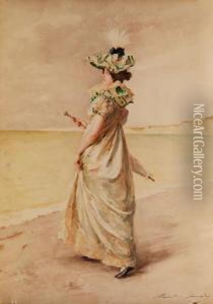 Junge Dame Mit Sonnenschirm Amstrand Oil Painting - Madeleine Jeanne Lemaire