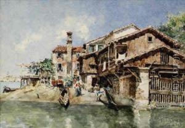 Off A Canal In Venice With Santa Maria Della Salute In The Distanceto The Left Oil Painting - Federico del Campo