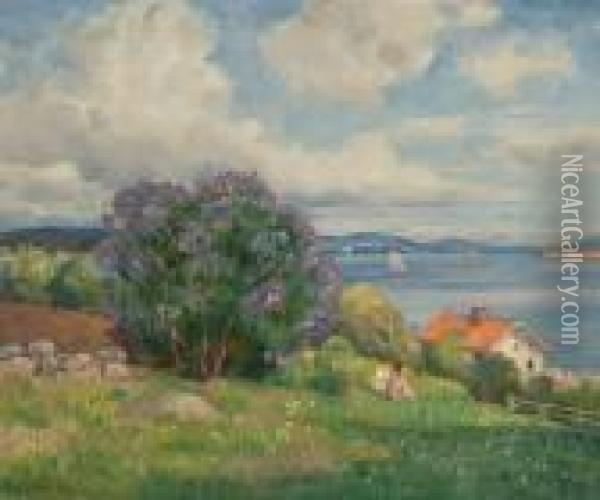 Sommerdag I Haven Ved Oslofjorden Oil Painting - Thorolf Holmboe