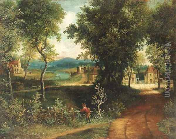 An angler in a wooded landscape with a village beyond Oil Painting - Patrick Nasmyth