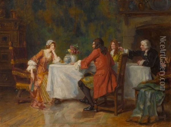 Rokokogesellschaft Am Tisch Vor Einem Kaminfeuer Oil Painting - George Sheridan Knowles