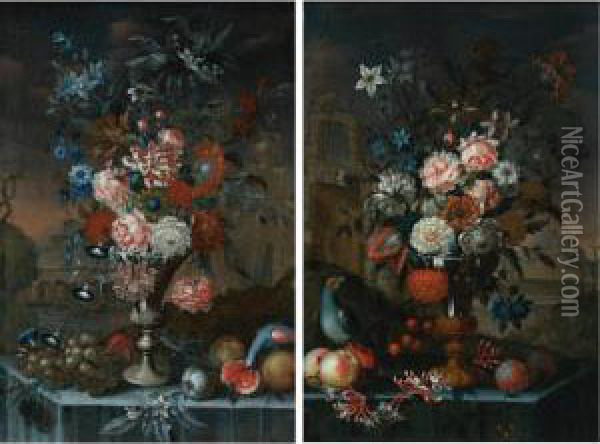 Active In The Beginning Of The 18th Century
 Still Life Of Flowers In A Silver Urn, With Grapes, Other Fruit And A Parrot, All Resting On A Table With A Landscape Beyond; Still Life Of Flowers In A Silver And Gilt Urn With Cherries, Other Fruit And A Parr Oil Painting - Alessandro Sangiovanni