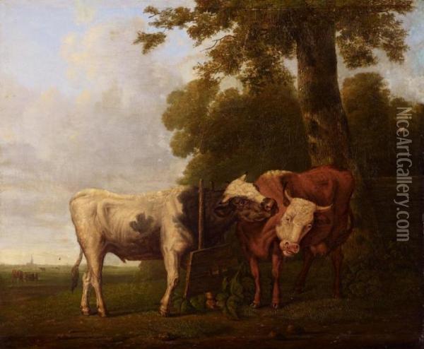 Landschaft Mit Stier Und Kuh Oil Painting - Janbaptist Ii Kobell