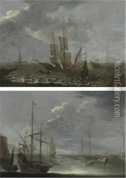 Shipping In A Fresh Breeze; And A Kaag And Other Shipping Offshore In Calm Waters Oil Painting - Orazio Grevenbroeck