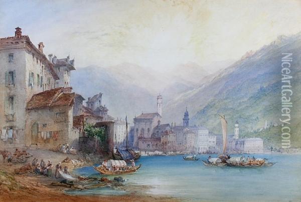 View Of The Town And Lake Lugano Oil Painting - William Callow