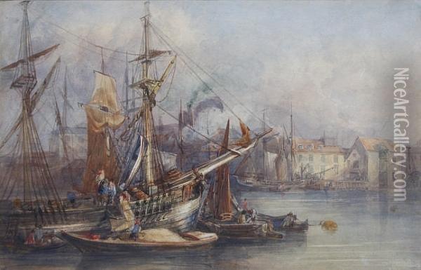 Unloading In The Docks Oil Painting - Alfred Gomersal Vickers