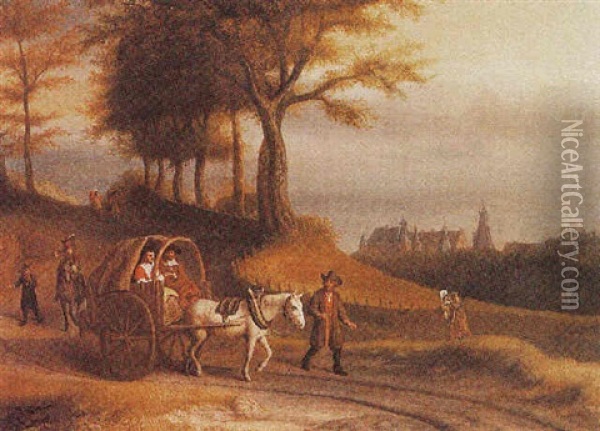 Travellers In A Horse-drawn Cart On A Path, A View Of A Village Beyond Oil Painting - Lambert Doomer