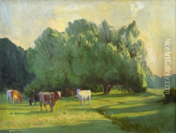 Cattle Grazing At Limsfield, Audley End, Essex Oil Painting - Lewis George Fry