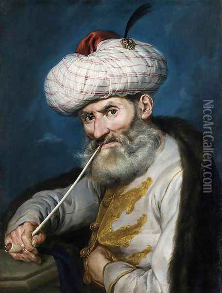 Portrait of a Smoking Man in Oriental Habit c. 1740 Oil Painting - Giacomo Ceruti (Il Pitocchetto)