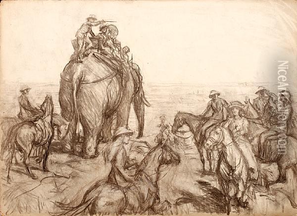 British Officials Accompanying Figures Atop Anindian Elephant Oil Painting - George Percy Jacomb-Hood