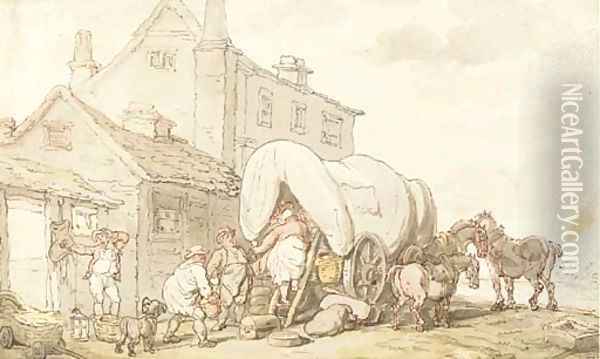 Ladies of easy virtue mounting a wagon outside an inn Oil Painting - Thomas Rowlandson