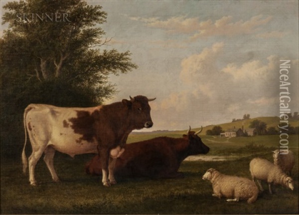 Homestead With Cattle And Sheep Oil Painting - Thomas Hewes Hinckley