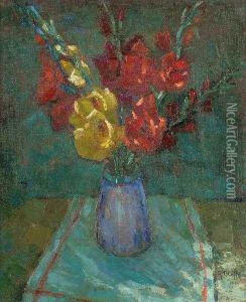 Still Life Of Flowers In A Blue Vase Oil Painting - Auguste Oleffe