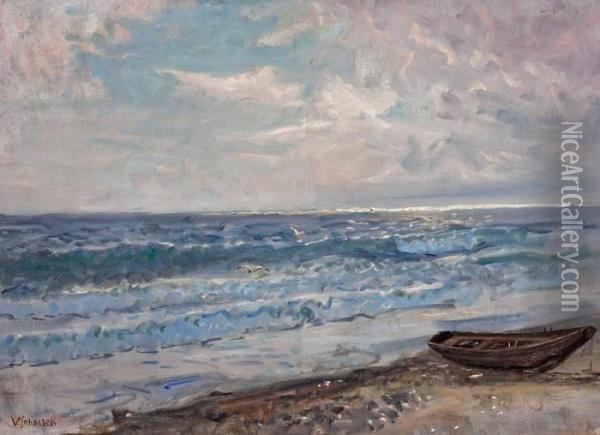 Coastal Scenery With Dinky. Signed V. Johansen Oil Painting - Viggo Johansen