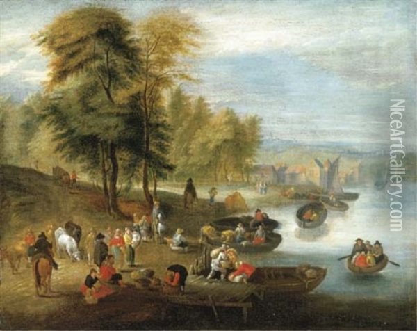 A River Estuary With Peasants Loading Barges Oil Painting - Mathys Schoevaerdts