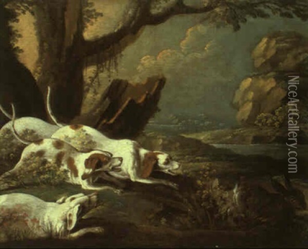 Trois Chiens Poursuivant Un Lapin Oil Painting - Jacques Charles Oudry