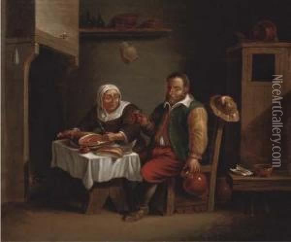 A Peasant Couple Seated At A Table Having A Meal Oil Painting - Johann Georg Trautmann