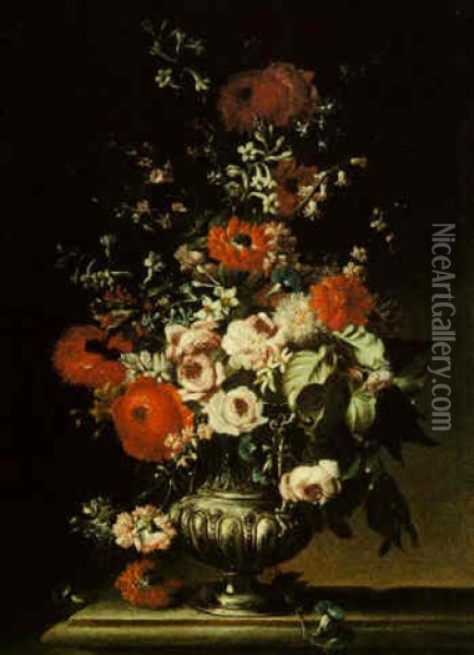 Still Life Of Tulips, Chrysanthemums And Other Flowers In An Urn On A Stone Ledge Oil Painting - Andrea Belvedere