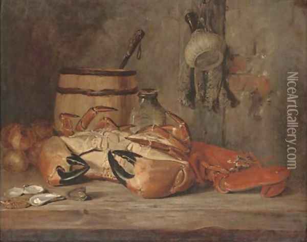 Crab, lobster and oysters with fish hanging to the side Oil Painting - Edward La Trobe Bateman